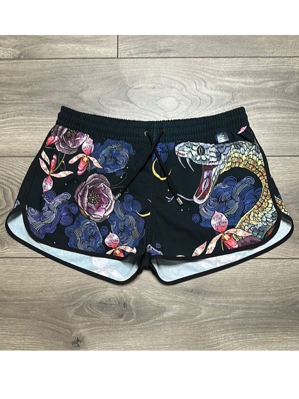 Along 1.5” Men’s Classic‎ Black Floral Snake Lined Swim Shorts Size Large